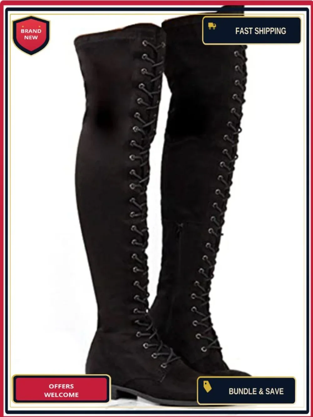 Over the Knee Lace Up Suede Combat Boots, Block Heel, Side Zipper, Round Toe,